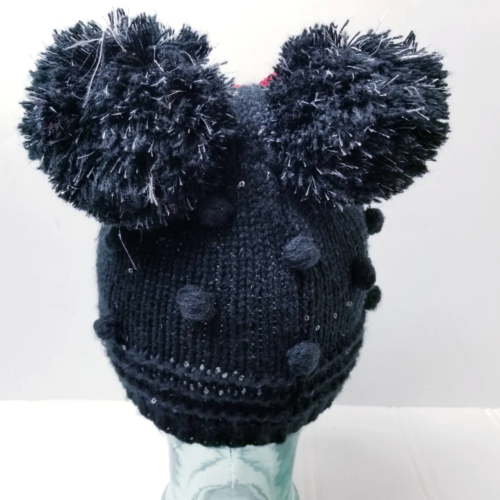 Disney Store Minnie Mouse Beanie XS/S 3-6 Sequin Bow Pom Pom Ears Knit Hat Black